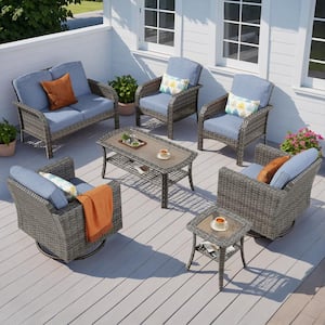 Missisi Gray 7-Piece Wicker Patio Conversation Set with Denim Blue Cushions and Swivel Chairs