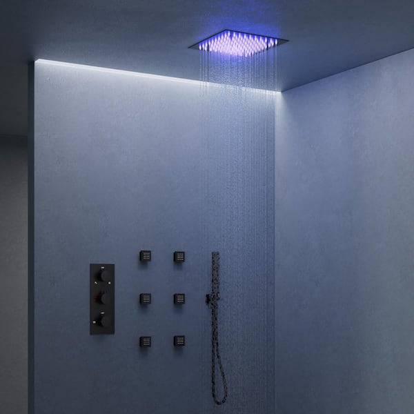 5-Spray Patterns With 12 in. Square Ceiling Mount 64 LED Dual Shower Heads in Matte Black
