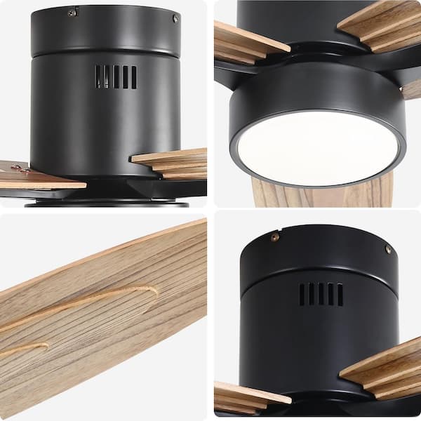 56 in. Modern Indoor Black Solid Wood Brown Blades 6-Speed Flush Mount Ceiling Fan with 3-Color Dimmable LED Light