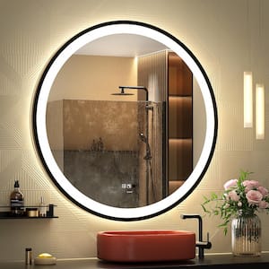 28 in. W x 28 in. H Large Round Framed Anti-Fog Human Body Sensor Wall Mount Bathroom Vanity Mirror in Silver