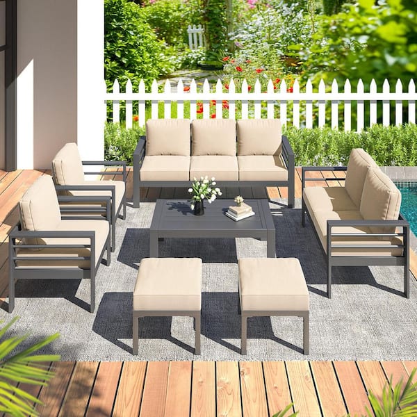 Sudzendf Black 7-Piece Aluminum Patio Conversation Set with Beige Cushions, Coffee Table and Stool for Garden, Backyard