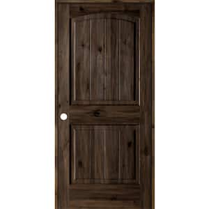 24 in. x 80 in. Knotty Alder 2 Panel Right-Hand Top Rail Arch V-Groove Black Stain Wood Single Prehung Interior Door
