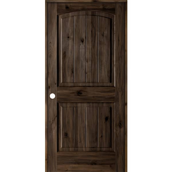 28 in. x 80 in. Knotty Alder 2 Panel Right-Hand Top Rail Arch V-Groove Black Stain Wood Single Prehung Interior Door