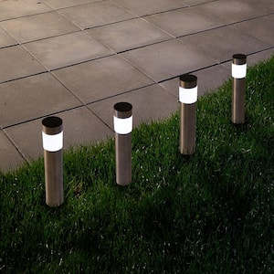 Stainless Steel Outdoor Integrated LED Landscape Path Solar Powered Column Lights (4-Pack)