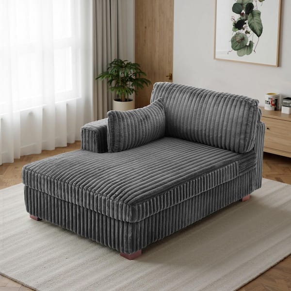 Modern Left Arm Facing Gray Faux Rabbit Fur Polyester Upholstered Sectional Chaise Lounge with Wood Frame
