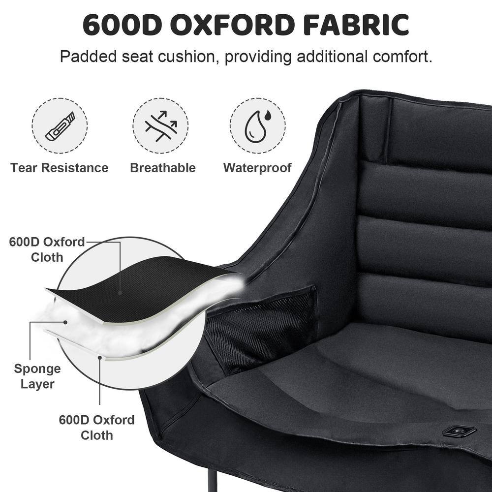 XXXL Black Polyester Double Camping Chair with Arms and Storage Bag