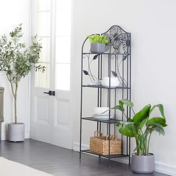 Litton Lane 66 in. H Black Tall Folding 4 Shelves Floral Bakers Rack