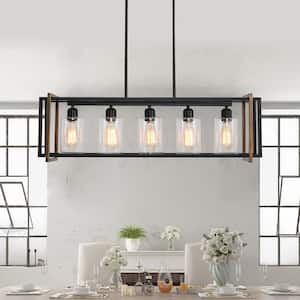 5-Light Kitchen Island Lighting Farmhouse Rustic Linear Chandelier Pendant Light Fixture for Dining Room in Wood Grain