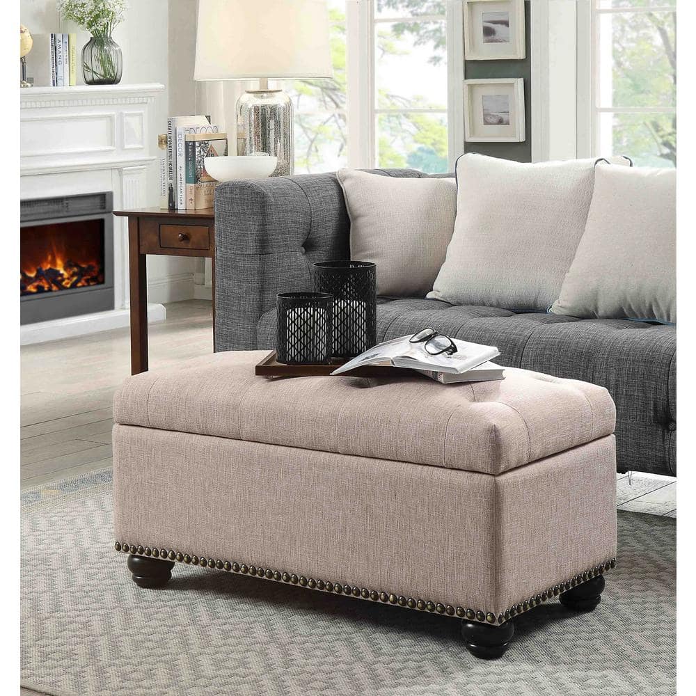 Tan Tufted Fabric Storage Ottoman with Nailhead Trim