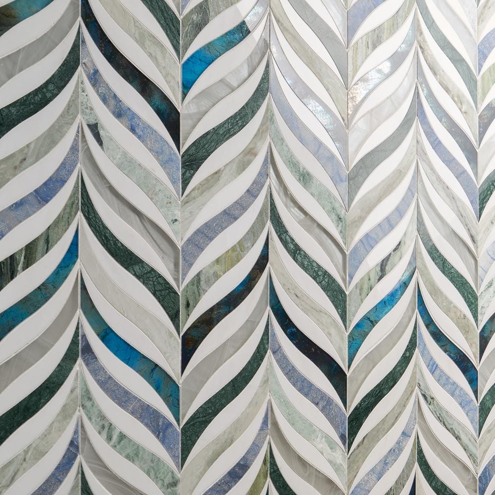 Verde Azul Green Polished Marble and Glass Mosaic Wall Tile