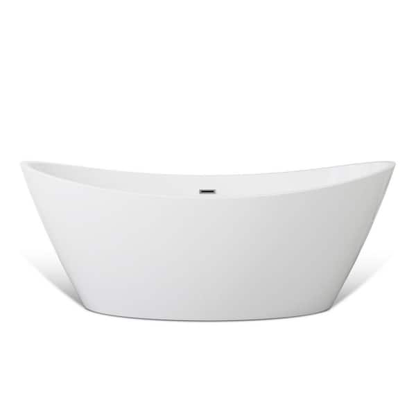 59 in. x 29.5 in. Freestanding Flat Bottom Bath Tub Oval Soaking Bathtub with Center Drain in White