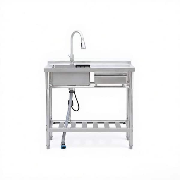 39 in. Freestanding Single Bowl Stainless Steel Kitchen Utility Sink with Pull-Out Faucet and Drain Channel