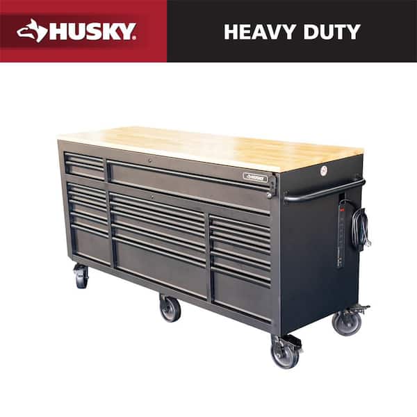 72 in. W x 24 in. D Heavy Duty 18-Drawer Mobile Workbench Cabinet with Adjustable-Height Hardwood Top in Matte Black