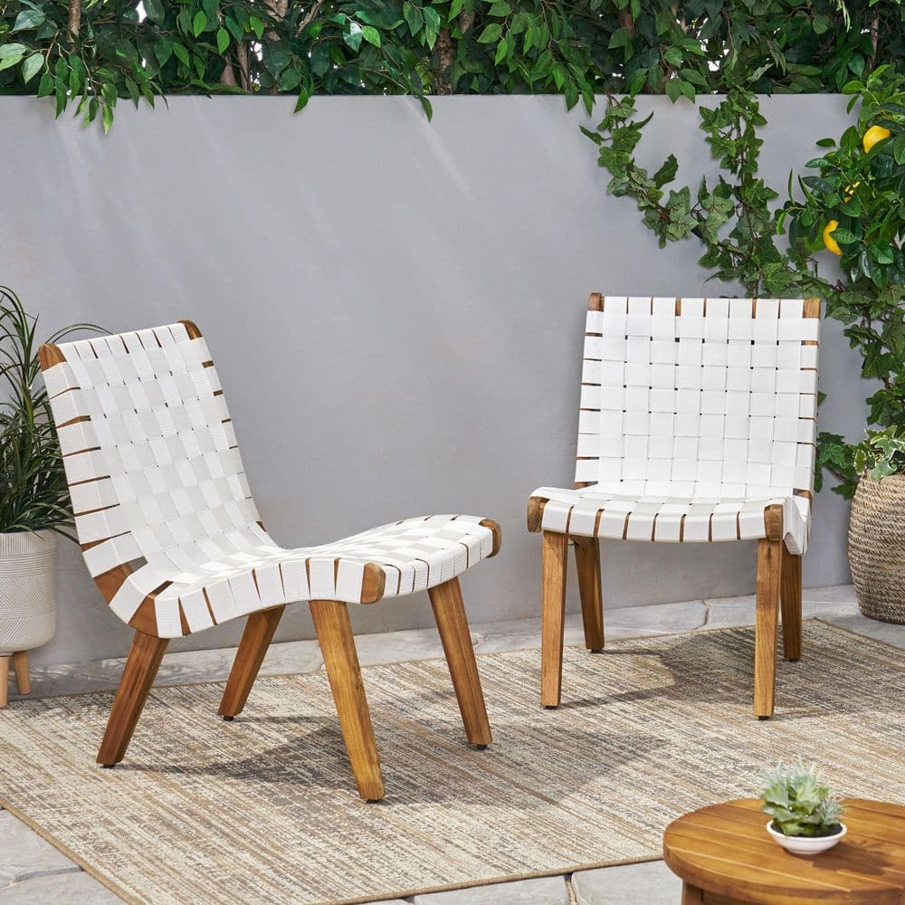 Rope Weave Design Acacia Wood Outdoor Lounge Chair in White Set of 2