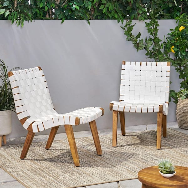 Unbranded Rope Weave Design Acacia Wood Outdoor Lounge Chair in White Set of 2