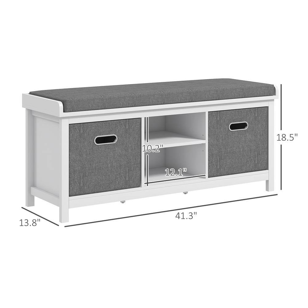 White and Gray Fabric Shoe Storage Bench with Cushion and Drawers