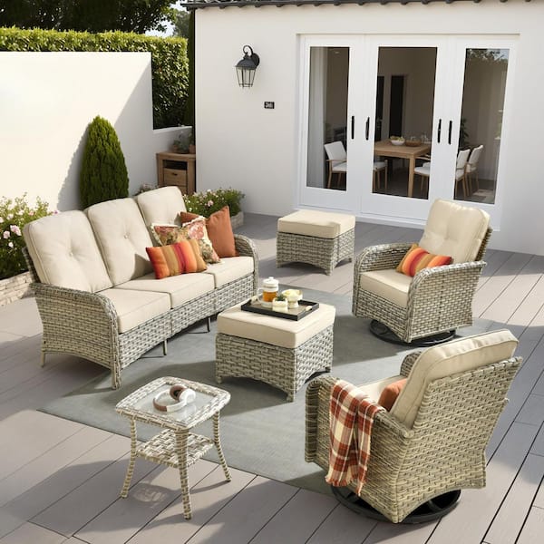 Gerbera C 6-Piece Wicker Outdoor Patio Conversation Set with Swivel Rocking Chairs and Beige Cushions