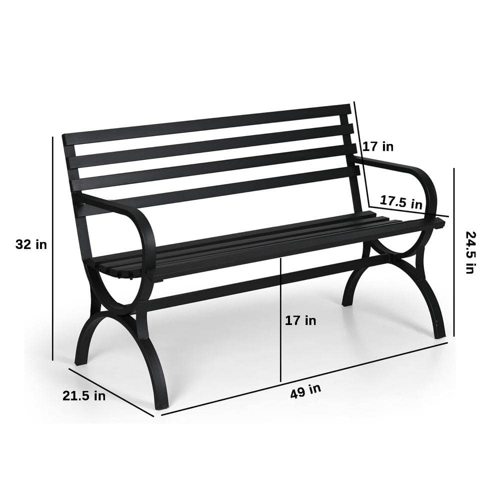 Black Steel Modern Slatted Outdoor Bench with Armrests