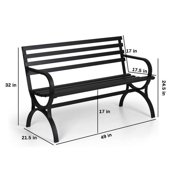 48 in. Black Metal Modern Slatted Design Steel Outdoor Bench with Backrest and Armrests