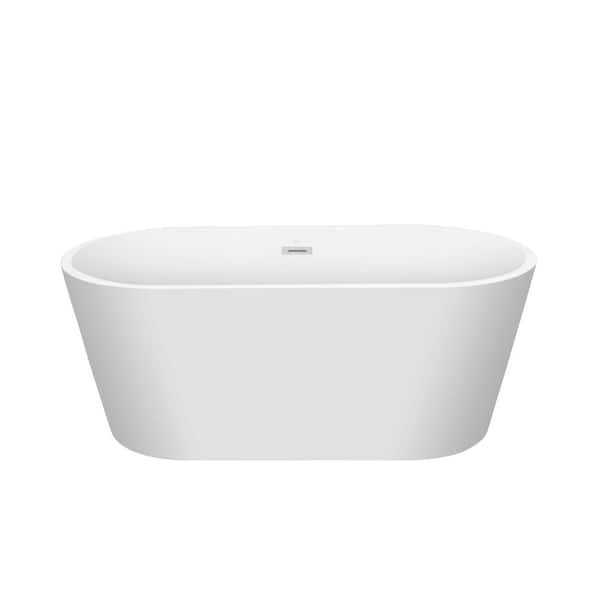 Tileon 66.93 in. Acrylic Flatbottom Freestanding Soaking Bathtub in White with Stainless Overflow