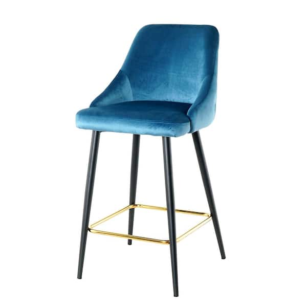 URTR Modern 37.99 in. H Blue Low Back Metal Bar Stools Dining Chairs with Velvet Seat, Backrest and Footrest (Set of 2)