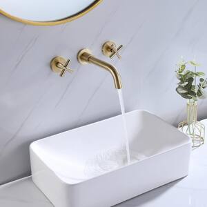 Ami 2-Handle Wall Mount Bathroom Faucet with Cross Handles in Brushed Gold