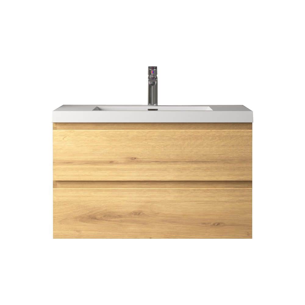 Angela 36 in. Single A. Oak Bath Vanity Wall-mounted Floating Vanities with Gloss White Resin Stone Top 2-Drawers price history on PriceWatchPro