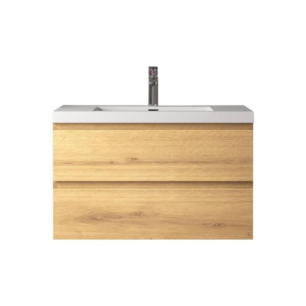 Angela 36 in. Single A. Oak Bath Vanity Wall-mounted Floating Vanities with Gloss White Resin Stone Top 2 Drawers