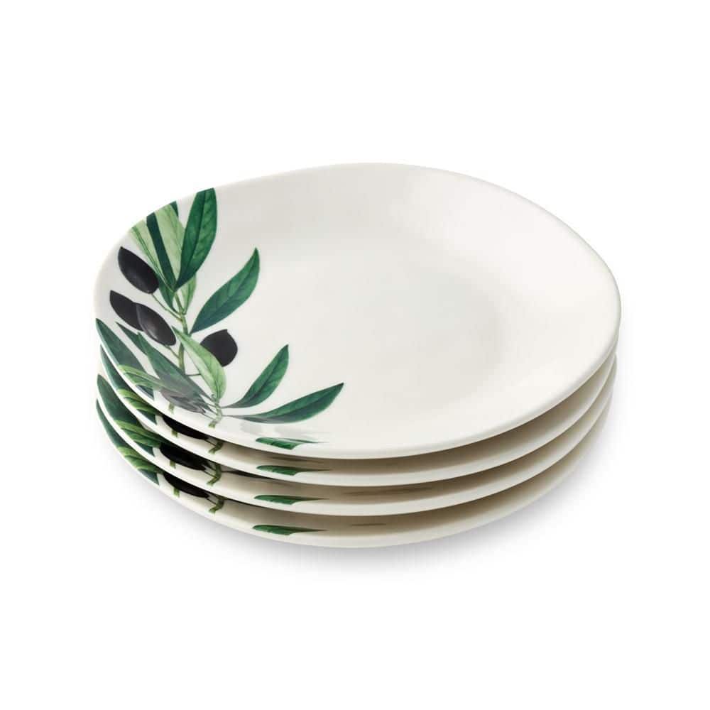 Olivia 6-Inch Ceramic Canapé Plates with Olive Branch Design, Set of 4
