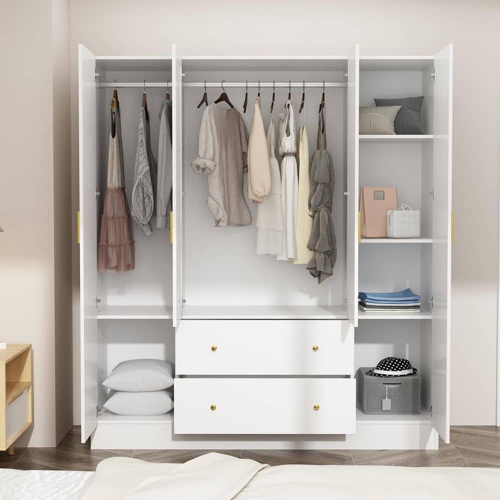 White 4-Door Armoires with Mirror, 2 Hanging Rods, 2-Drawers and Storage Shelves (19.7 in. D x 63 in. W x 70.9 in. H) - thumbnail 5