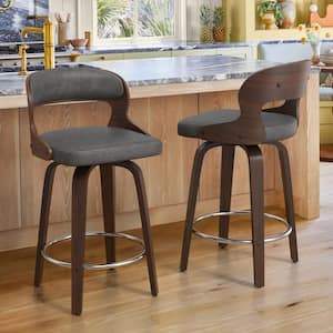 Edwards 26 in.Modern Gray Faux Leather Swivel Bar Stool with Solid Walnut Wood Frame Bentwood Counter Stool Set of 2