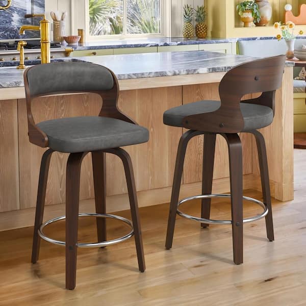 cozyman Edwards 26 in.Modern Gray Faux Leather Swivel Bar Stool with ...