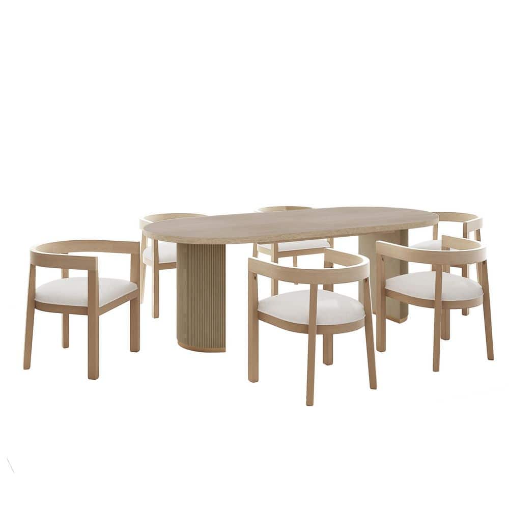 Noel 7-Piece Natural and Beige Oval Wood Top Dining Set with Fabric Upholstered Arm Chairs, Curved Backrest