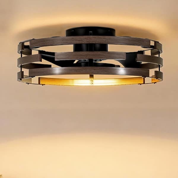 Vortix 20 in,Black Walnut Iron Cage Flush mount Ceiling Fan, Quiet Reversible DC Motor,3CCT Dimmable LED, Remote Control