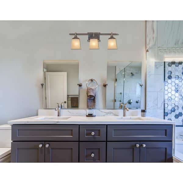 Austin 27.5 in. 3-Light Weathered Saddle Rustic Vanity Light with Satin Crepe Glass Shades
