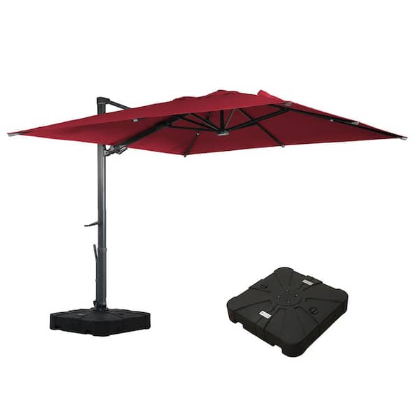 Mondawe 10 ft. Square Aluminum Cantilever Outdoor Tilt Patio Umbrella in Red with LED Light Base Weight Stand