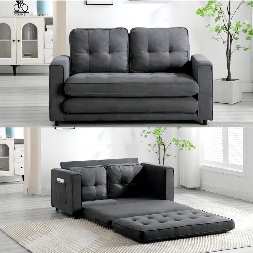 62 Modern Deep Gray Convertible Sleeper Sofa Cotton & Linen Upholstery  with Storage