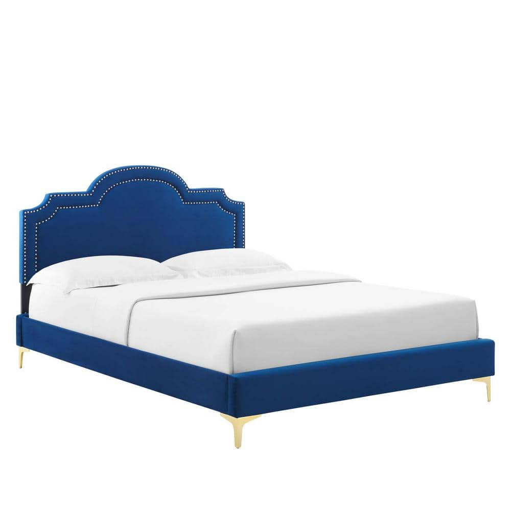 MODWAY Aviana Blue Performance Velvet Frame Full Platform Bed With ...