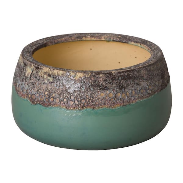 13 in. Reef Teal Ceramic Round Planter (13 in. L x 13 in. W x 7 in. H) High-fire treatment with Drainage Hole