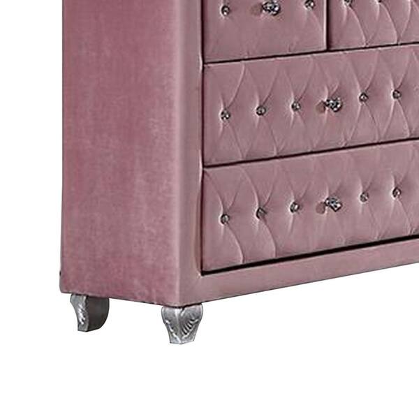 Zoha 59 Inch Wide Dresser Chest, 7 Drawer, Solid Wood, Pink Upholstery Zoha 59 Inch Wide Dresser Chest, 7 Drawer, Solid Wood, Pink Upholstery