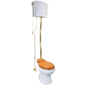 Montecristo High Tank Pull Chain Toilet Single Flush Round Bowl in White with Light Oak Panel and Brass Top Entry Pipes
