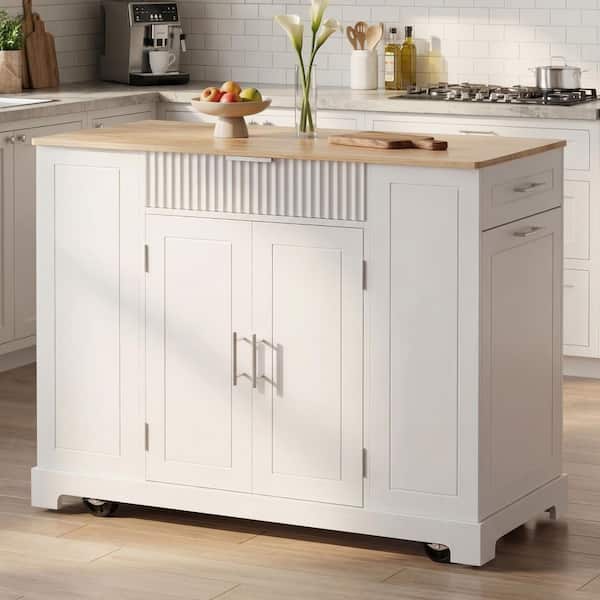 Ximuprmy White Wood 48 in. Kitchen Island with Trash Can Storage