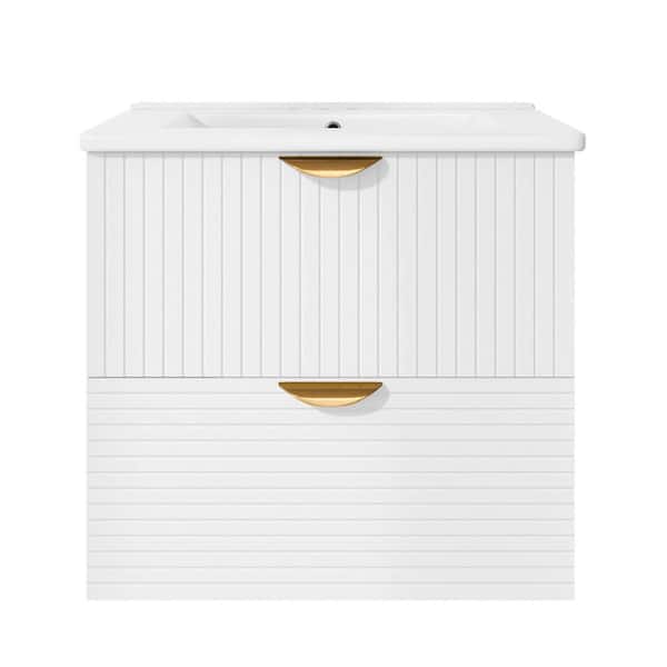 Unbranded 24 in. H Single Sink Floating Bath Vanity in White with White Ceramic Basin Top and 2 Drawers