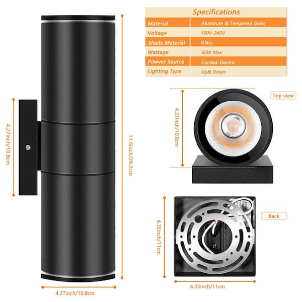 Black Outdoor Hardwired Cylinder Wall Light Lantern Sconce with Integrated LED Up Down Lights (4-Pack)