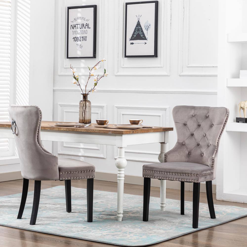 Elegant Gray Velvet Upholstered Dining Side Chair with Nailhead Trim