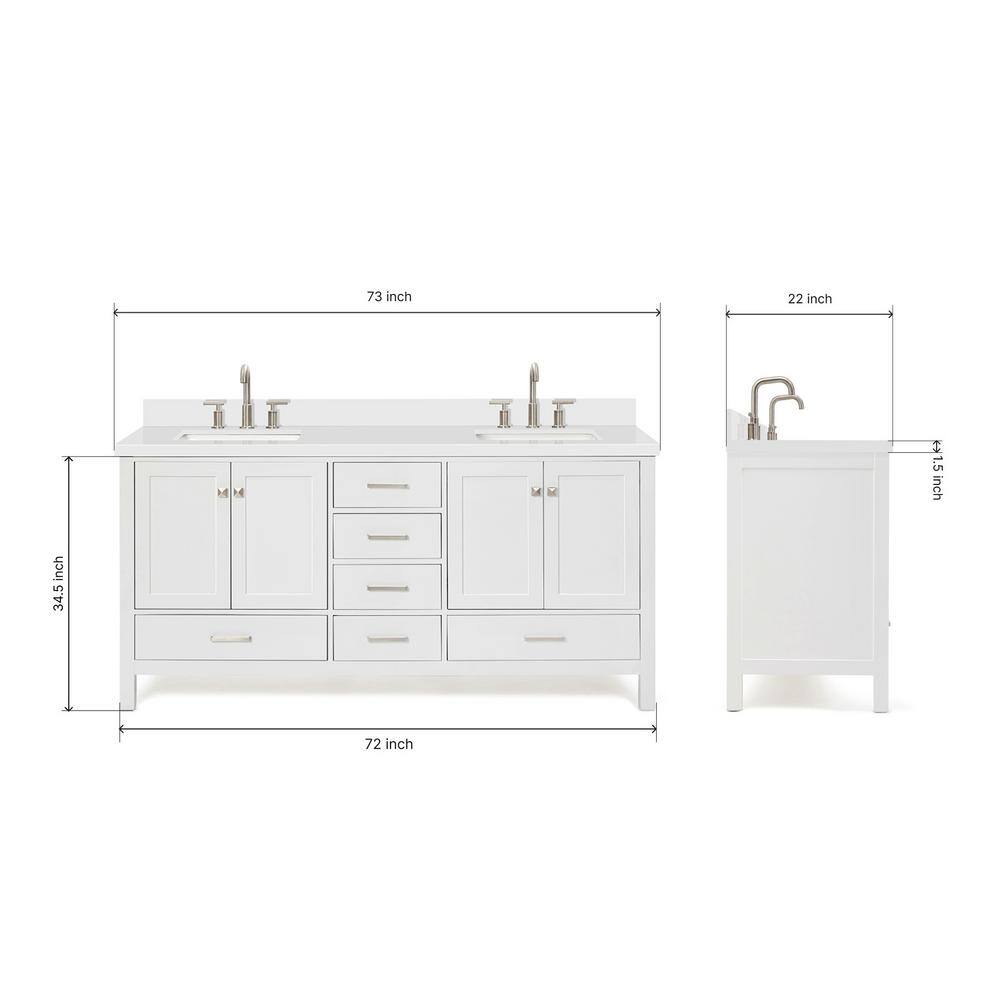 Cambridge 73" White Double Sink Vanity with Quartz Top