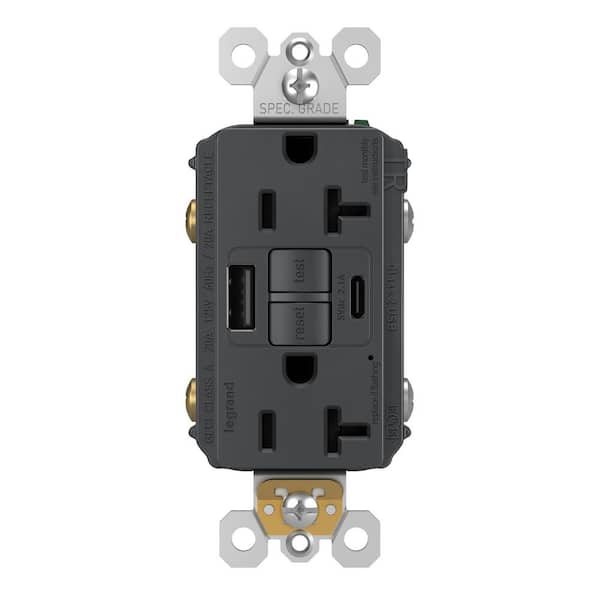 Legrand radiant 20 Amp 125-Volt Tamper Resistant GFCI Residential/Commercial Decorator Duplex Outlet with Type A/C USB, Graphite