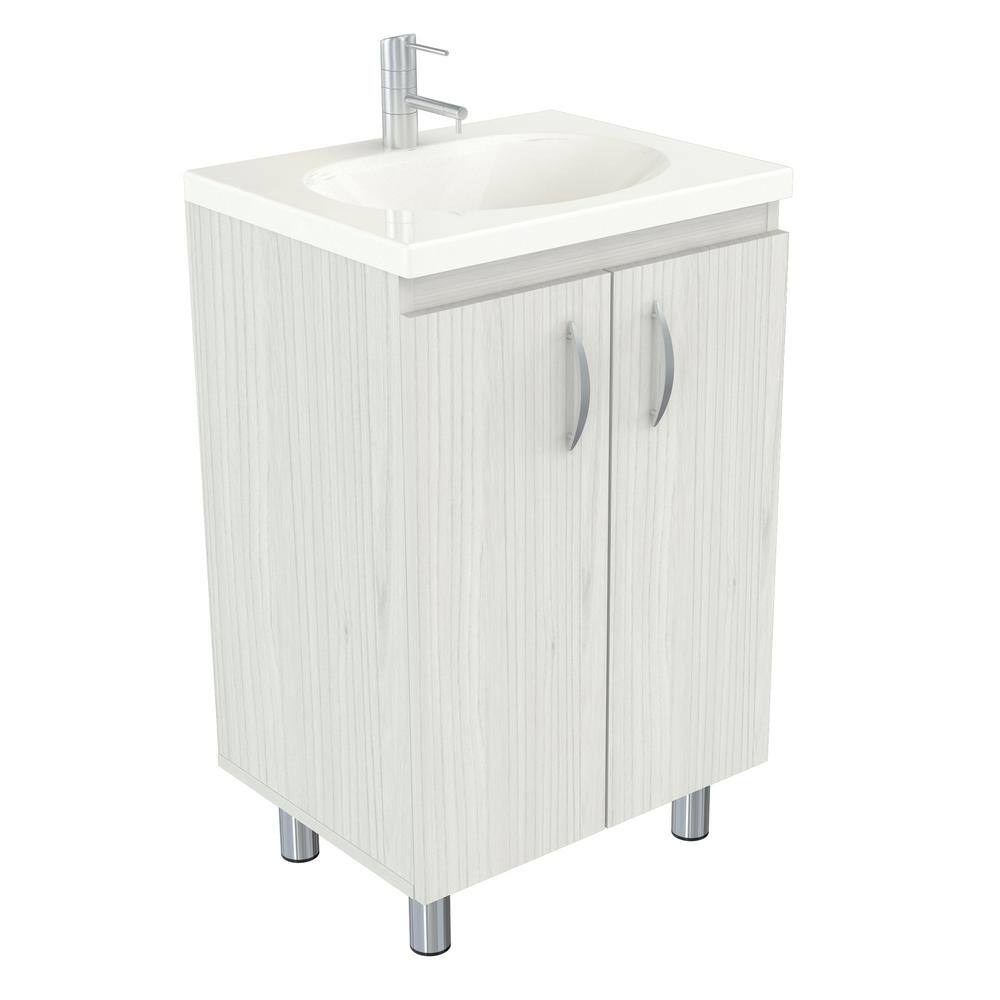 Washed Oak Freestanding Bathroom Vanity with White Sink Bowl