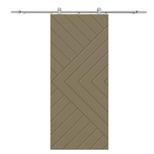 CALHOME Chevron Arrow 28 in. x 80 in. Fully Assembled Olive Green Painted MDF Modern Sliding Barn Door with Hardware Kit