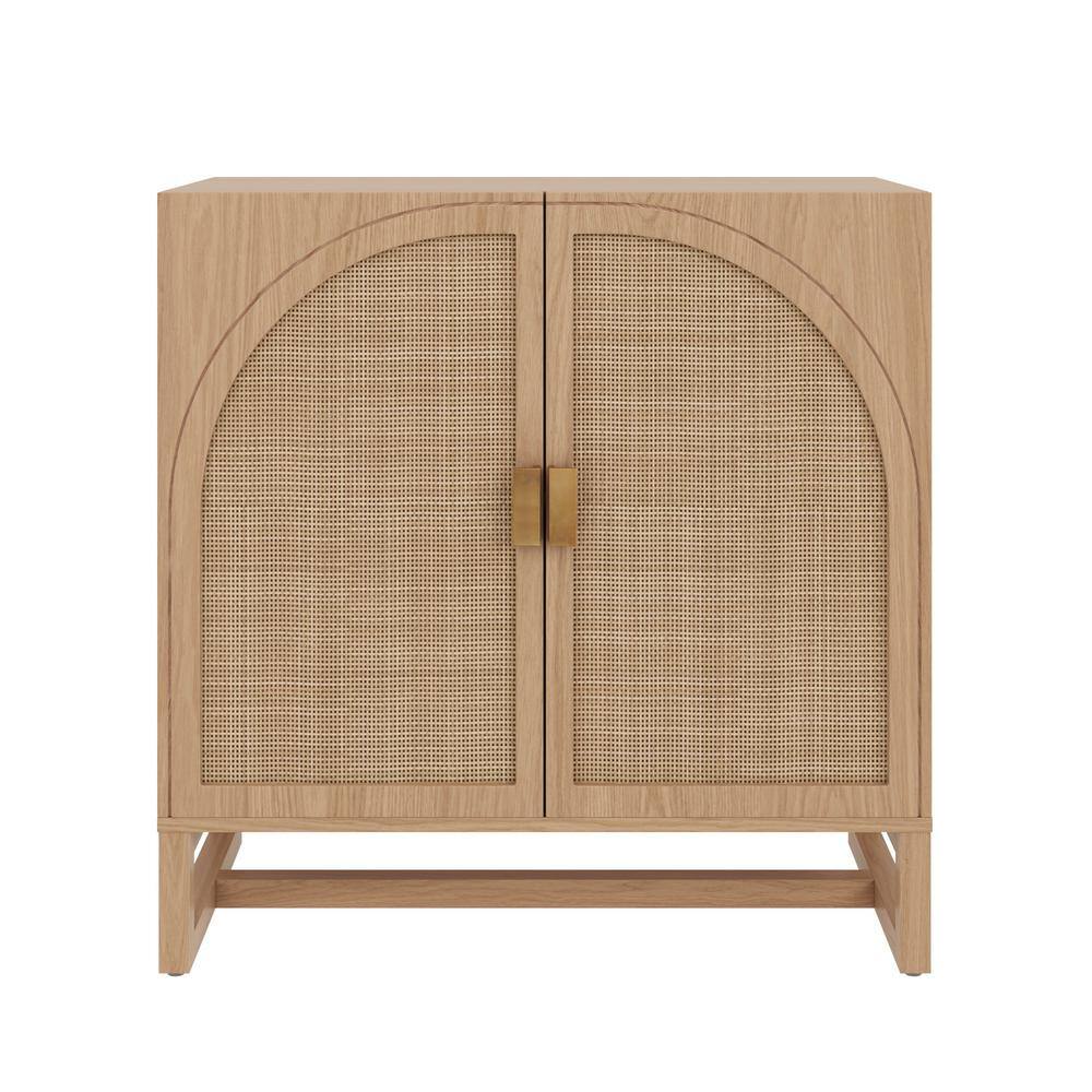 Paxton Mid-Century Modern Raw Oak 31 in. Accent Cabinet Arched Storage Cabinet with Rattan Details and Adjustable Shelf